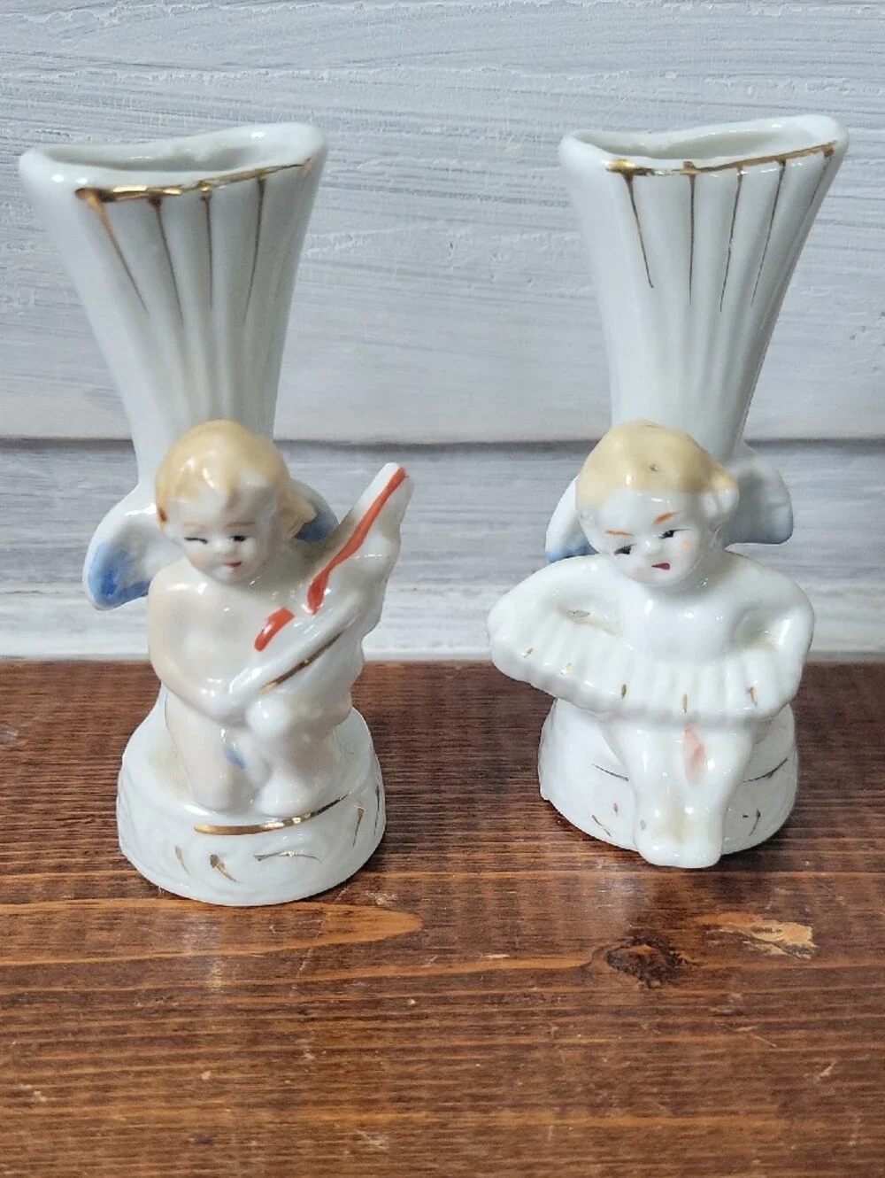 Vintage Mid Century Porcelain Cherub Angel Musician Bud Vases Japan